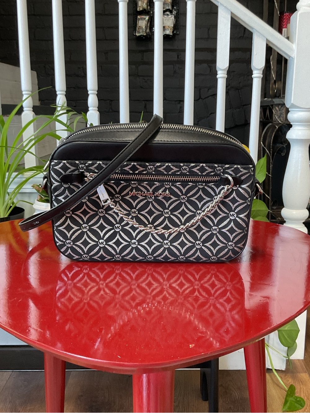 Michael Kors Black and Ivory Logo Crossbody with Chain Detail
